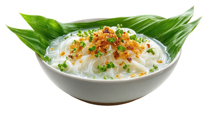 Delicious rice noodles garnished with green onions and herbs. transparent background