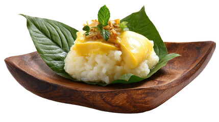 Delicious rice dish garnished with herbs on a wooden plate. transparent background