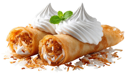 Delicious rolled dessert with coconut and whipped cream topping. transparent background