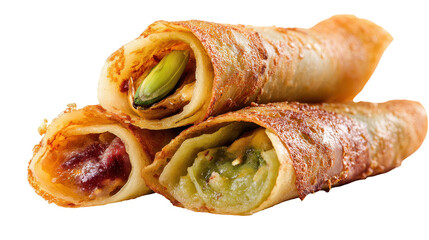 Delicious rolled snacks filled with various sweet ingredients. transparent background