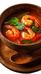 Delicious shrimp soup garnished with fresh herbs and spices. transparent background