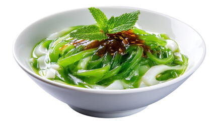 Fresh green jelly dessert garnished with mint leaves. transparent background