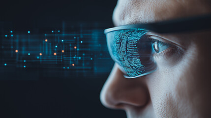 Augmented Vision: Person with AR glasses stares into the future with digital data displayed over eyes.