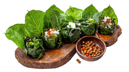 Freshly prepared stuffed leaves served on a wooden platter. transparent background