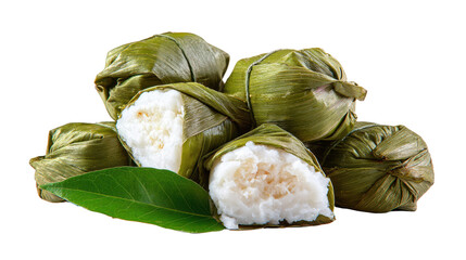 Freshly wrapped rice dumplings in green leaves on a white background. transparent background
