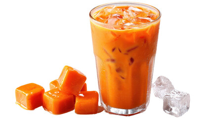 Refreshing iced tea with ice cubes and orange color. transparent background