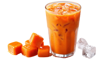 Refreshing iced tea with ice cubes and orange color. transparent background