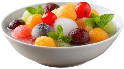 Vibrant fruit salad with melon balls and refreshing mint leaves. transparent background