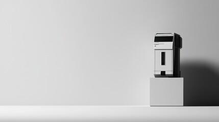 Monochrome electronic device on a pedestal.