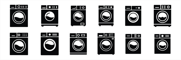 washing machine icon set vector silhouette on white background.