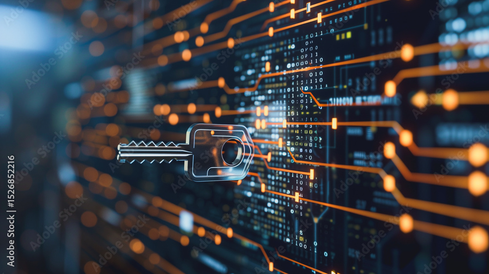 Poster digital key: intricate digital key amidst glowing server array, symbolizing cybersecurity and secure
