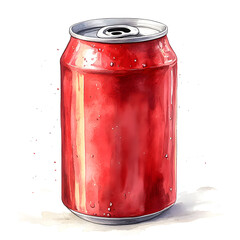 Sketch watercolor panting of red aluminum can with soda isolated on white backdrop. Hand drawn art