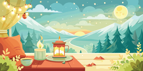 Cozy Evening on Mountain Terrace with Lanterns and Tea in Flat Illustration