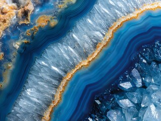 macro photograph of a deep blue agate slice with crystal texture, natural wavy layers and vivid banding, ultra high detail