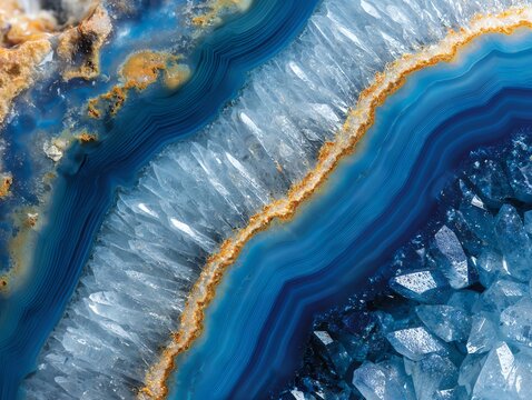 macro photograph of a deep blue agate slice with crystal texture, natural wavy layers and vivid banding, ultra high detail - Powered by Adobe