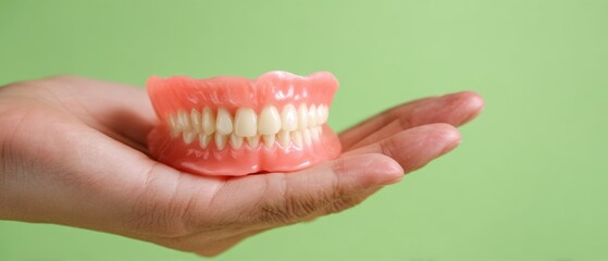 The hand holding a set of realistic dentures against a green background.