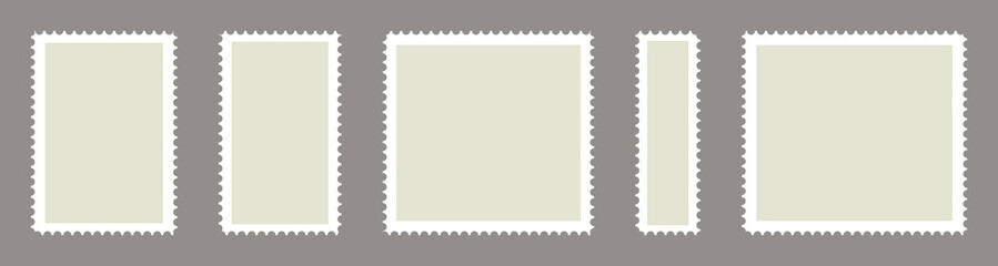 Set of postage stamp template frames. Empty borders, backdrops for postcards, letters. Blank rectangular vintage stamps. Tags, labels, coupons, boxes with curvy, wiggly, wavy perforated edges.