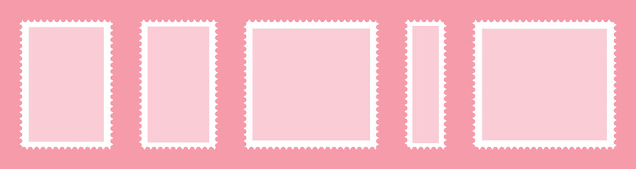 Valentines postage stamp set. Pink post stamp frame and border. square and Rectangular shapes for mail, postcard, letter. Vintage Jagged wavy edge forms for poster, banner, badge, sticker. Vector