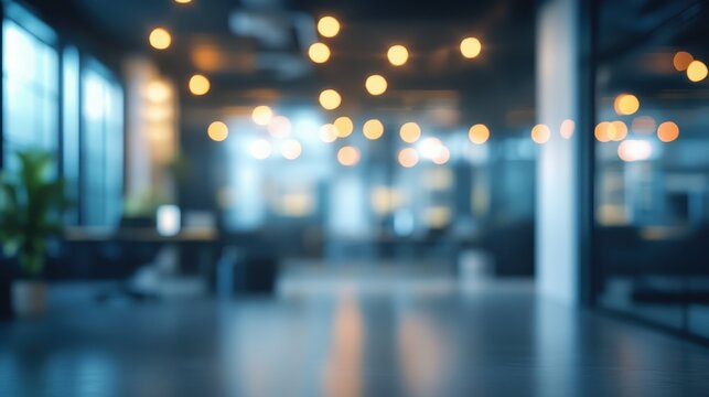 Blurred office interior with glowing bokeh highlights, ideal for corporate headers, wallpapers, and tech presentations