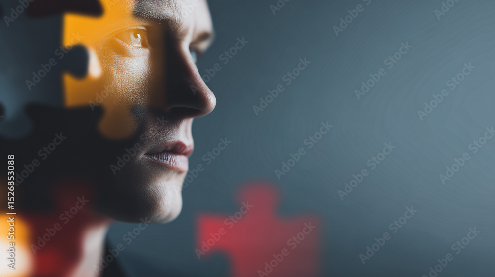 Poster unraveling the mind: a striking profile of a person with overlapping puzzle pieces, symbolizing comp