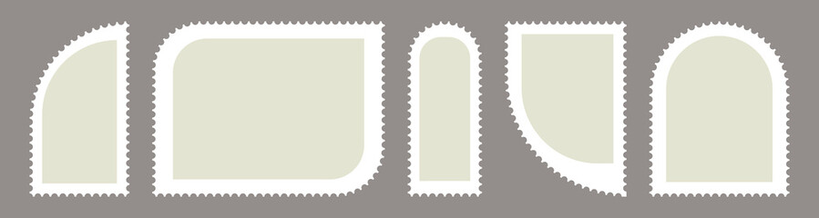  Collection blank post stamps. Postage frames set. Empty postal stamp. Borders for mail letter. White paper postmarks isolated on a background. Vector illustration, Rectangular perforated labels.