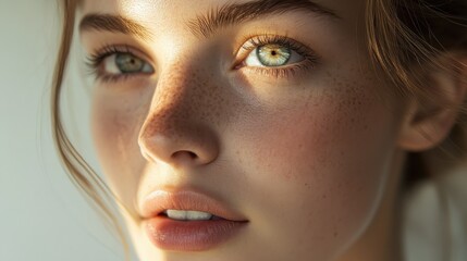 A stunning woman with flawless skin, her facial features glowing softly in natural light, embodying timeless beauty