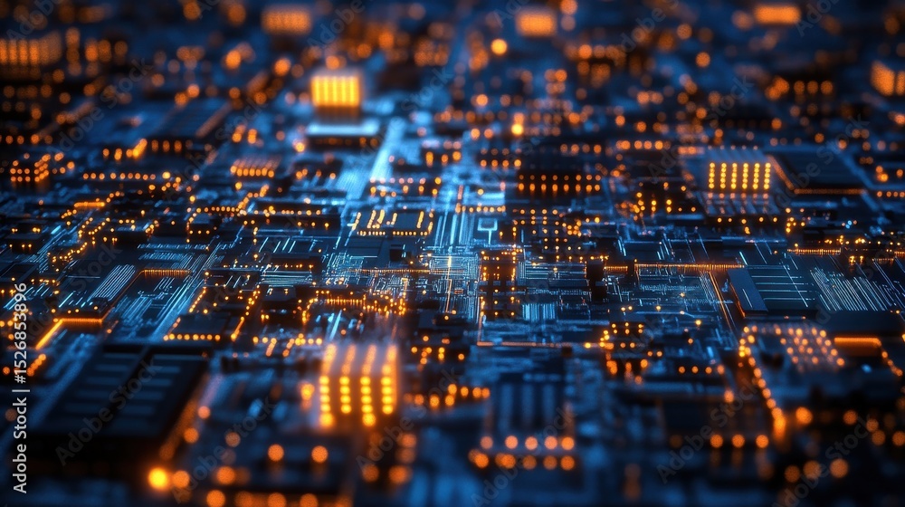 Poster digital circuitry: an artistic view of digital circuitry illuminated by shining lights. reflecting i