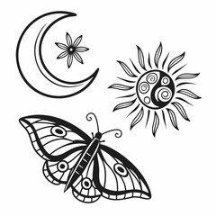 Celestial butterfly sun moon floral design tattoo art