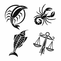Zodiac signs cancer scorpio pisces libra black and white icons