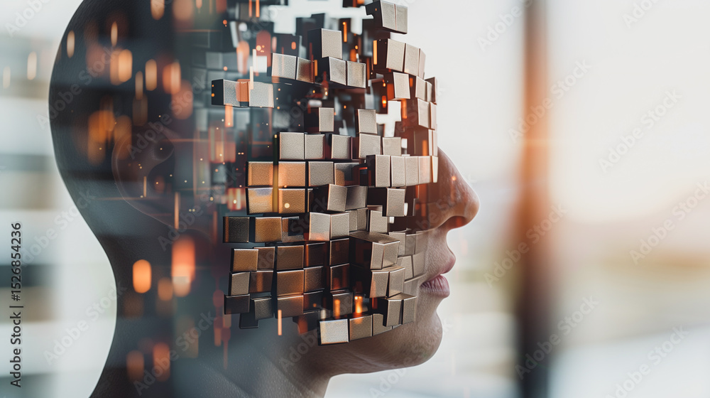 Poster digital mind: a captivating composite image featuring a human face seamlessly merging with fragmente