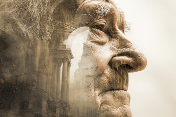 elderly face with historical architecture inside, fading sepia tones, memory and time passing concept, vintage surreal double exposure