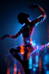 silhouette of a dancer filled with neon music equalizers and stage lights, movement and energy in double exposure artistic theme