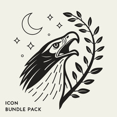 Majestic eagle head silhouette night sky botanical design icon
