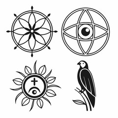 Sacred geometry symbols eye flower bird mandala design elements