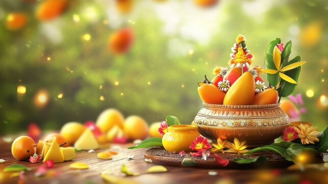 Happy Ugadi Greeting Card Background With Decorated Kalash and mangoes traditional new year festival in karnataka andra paradesh and tamil nadu tamil varusha