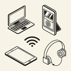 Isometric illustration of laptop tablet phone headphones wifi