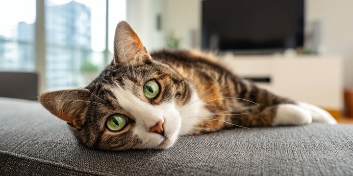 The charming tabby cat relaxing on a cozy sofa in a modern living room.