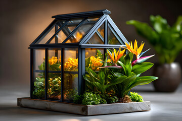 A small indoor greenhouse with tropical plants like bird of paradise and bromeliads, thriving under the glass roof. White background