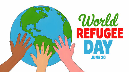 World refugee day celebration with earth globe and diverse hands on june twentieth illustration
