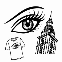 Stylish eye design with tall building and t-shirt mockup