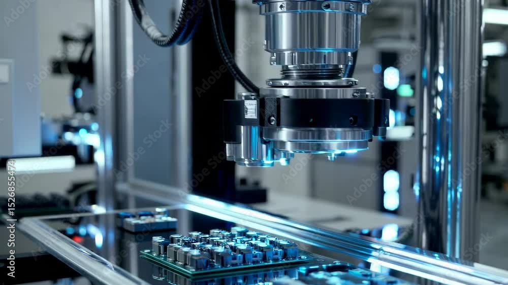 Poster close-up of robotic arms assembling electronic components in a high-tech factory, illustrating autom