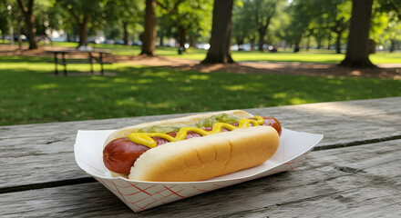 Classic hot dog with mustard and relish served on a wooden table in a sunny park, perfect for outdoor picnics and casual summer snacks