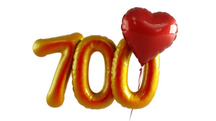 Numbers seven hundred Balloon with red heart Isolated on transparent background