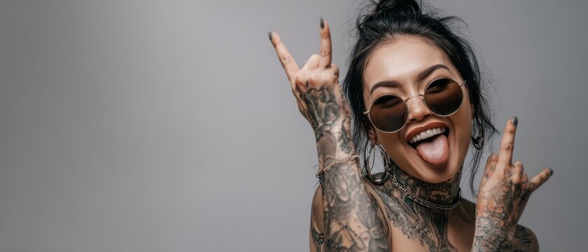 The confident woman with tattoos and sunglasses expressing joy and attitude