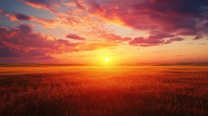 Selbstklebende Fototapeten Vibrant sunset over a vast, fiery grassland. © Johannes