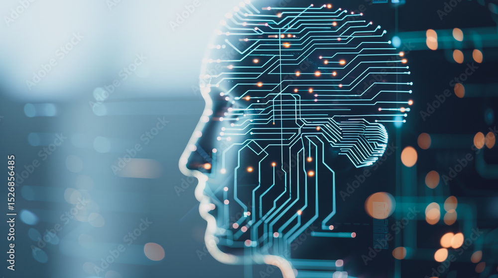 Poster artificial intelligence mind: a futuristic digital rendering of a human head with integrated circuit