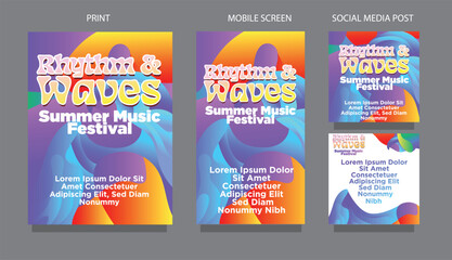 Bright Colorful Waves   Abstract Design for Music Events and Marketing. fluid design template multiple platform for print, mobile screen and social media post vector illustration
