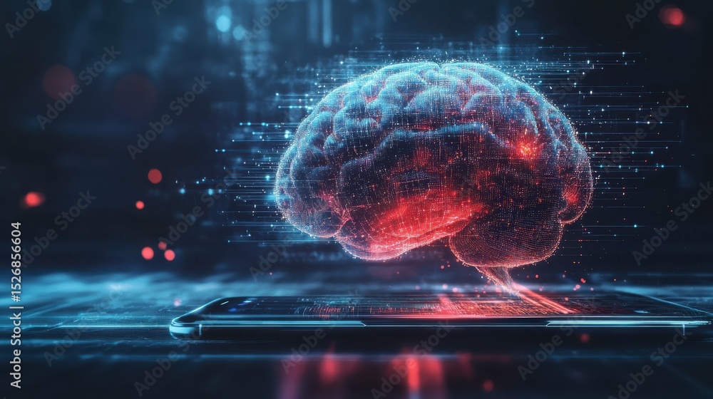 Aufkleber futuristic depiction of a human brain with digital data streams emanating from a smartphone, symboli