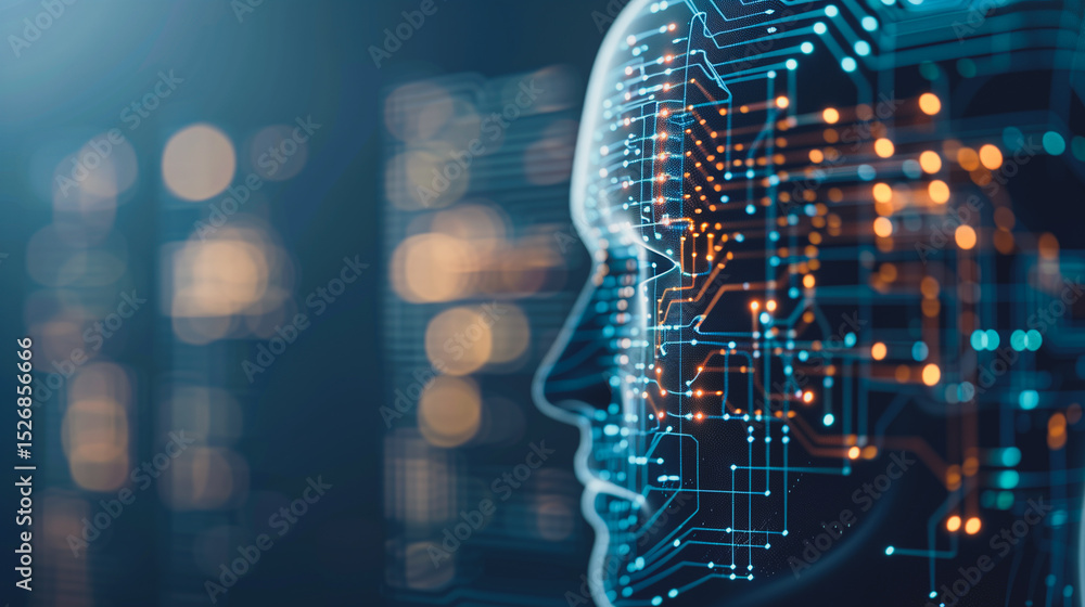 Poster digital mind: a stunning, ethereal rendering of a digital human head, its features intertwined with 
