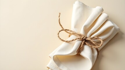 Twine-tied stack of beige cotton napkins